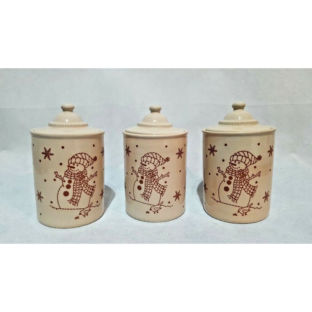 Small Cannister Set of 3 Snowman and Snowflakes Red Tan‎ Lids 6"